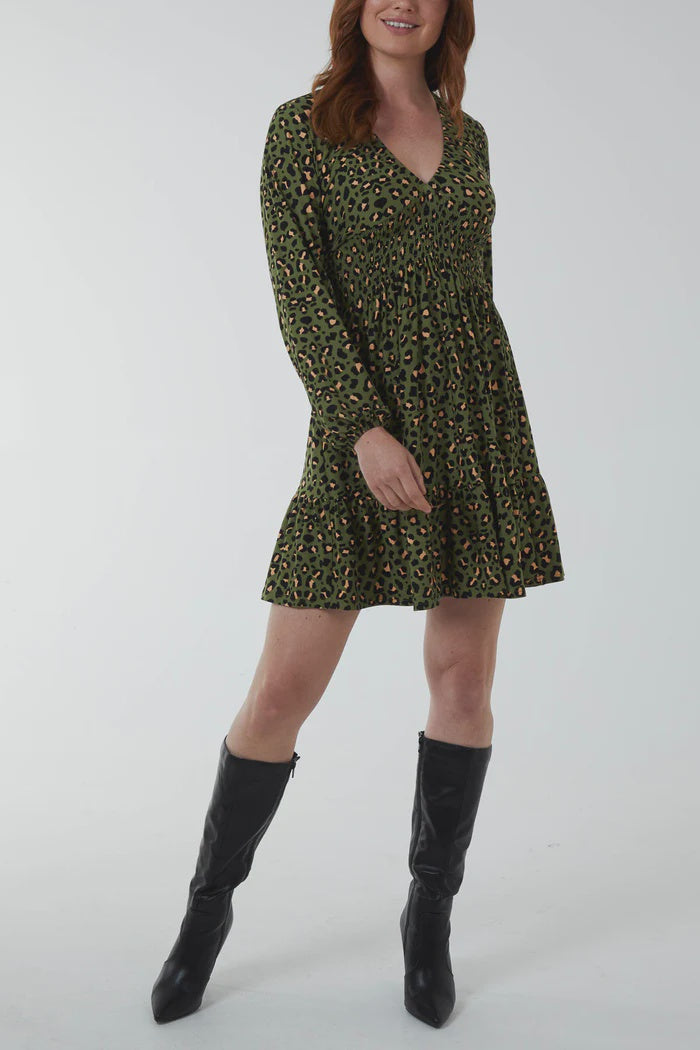 Animal Print Shirring Mini Dress - Khaki