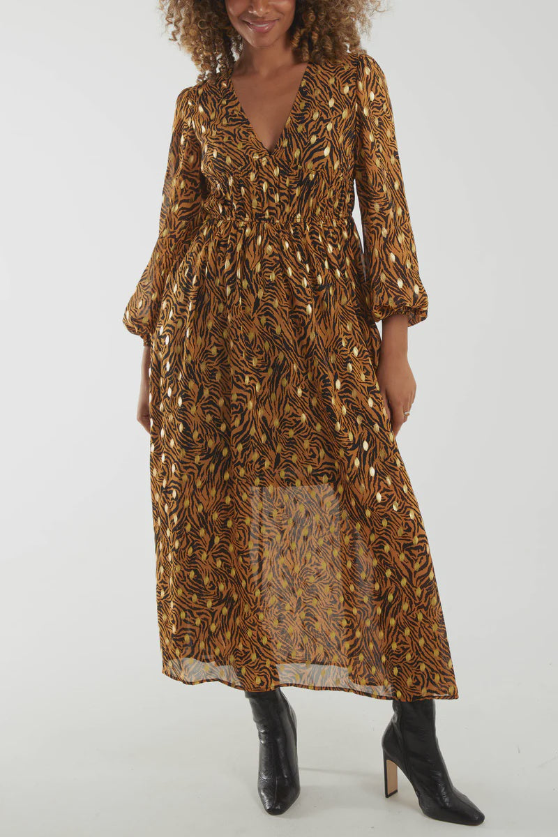Animal Print Shirred Waist Maxi Dress