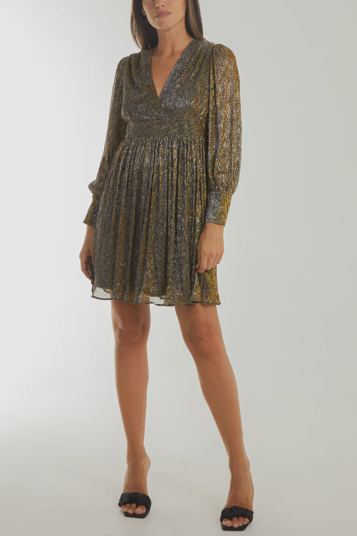 Metallic Wrap Mini Dress - Gold