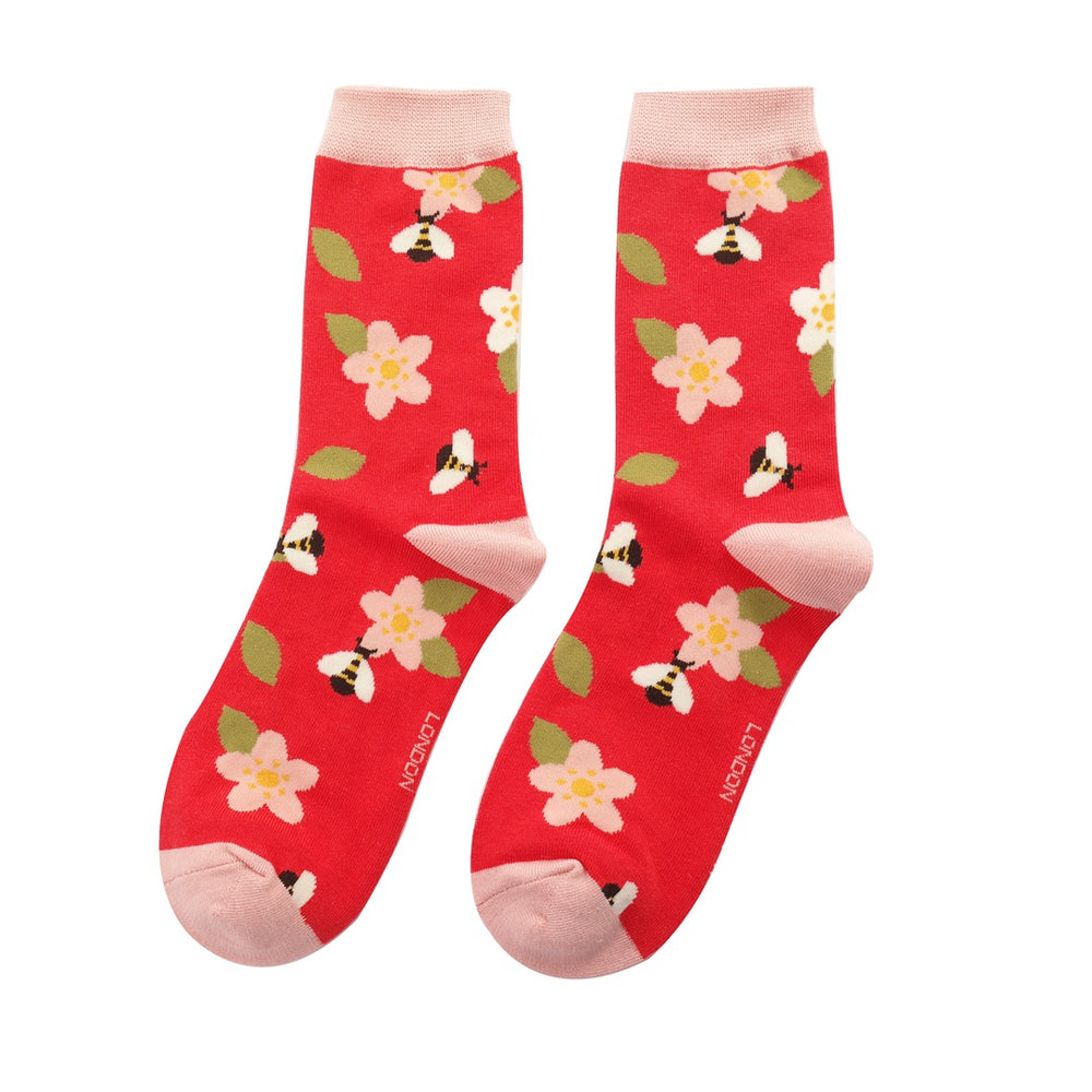 Miss Sparrow Ladies Socks Bees & Flowers - Red