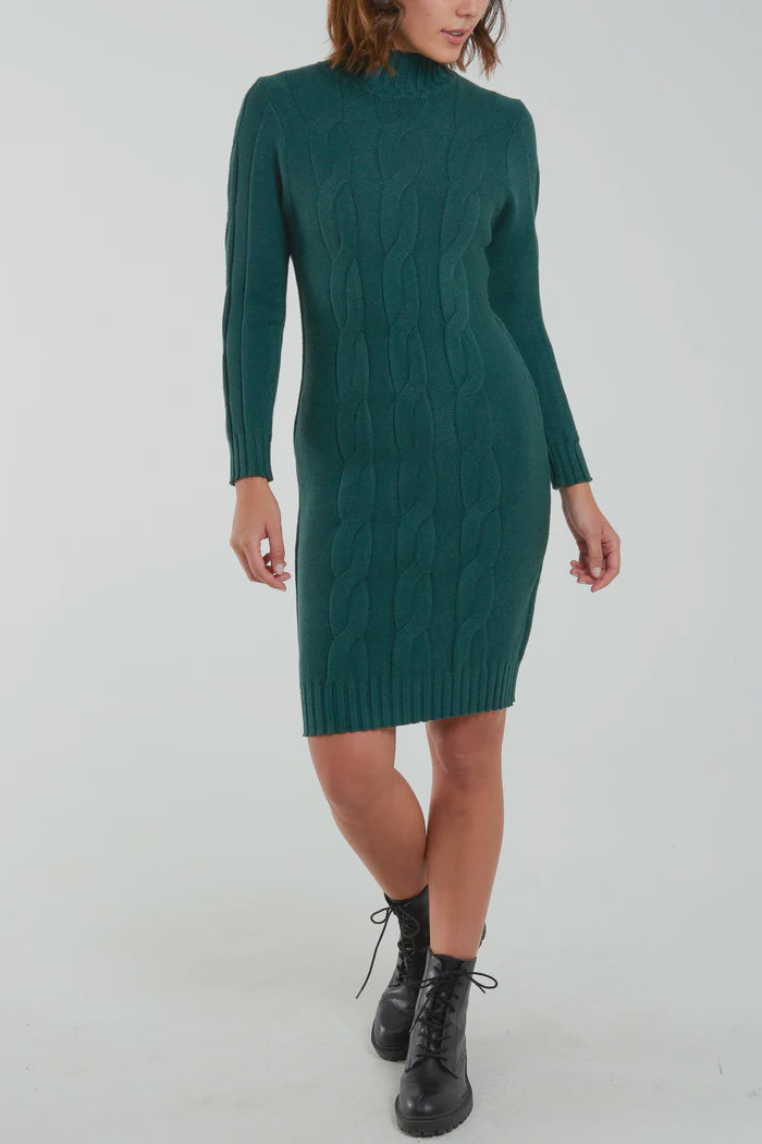 Cable Knit High Neck Jumper Dress - Green
