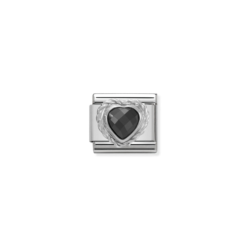 Nomination Classic Link Faceted Black Cubic Zirconia Heart With Twisted Silver Charm