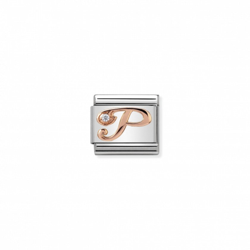 Classic Link 9K Rose Gold and Cubic Zirconia Letter P Charm